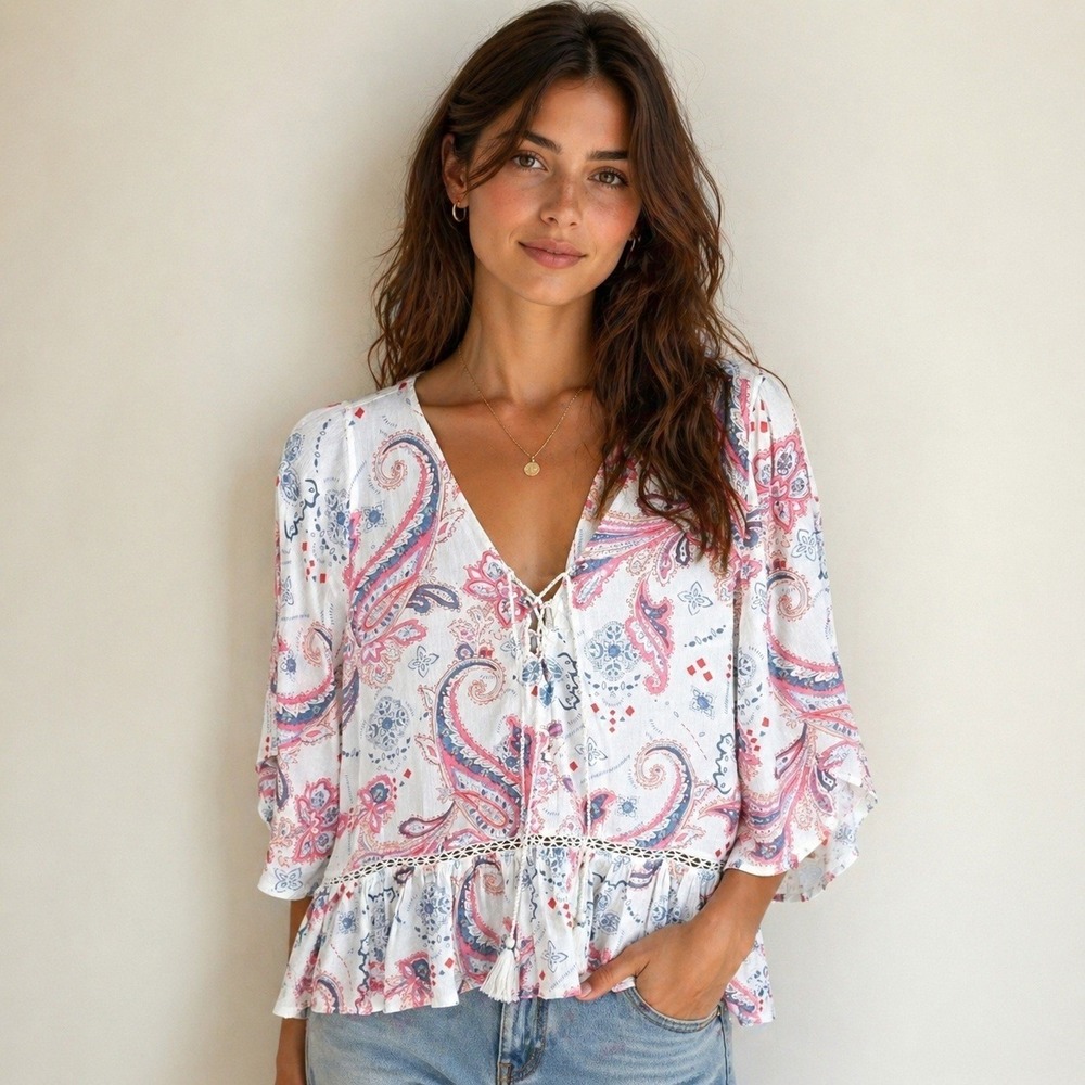 Abercrombie & Fitch Paisley Peplum Blouse Size M Boho Tassel Bell Sleeve Pink